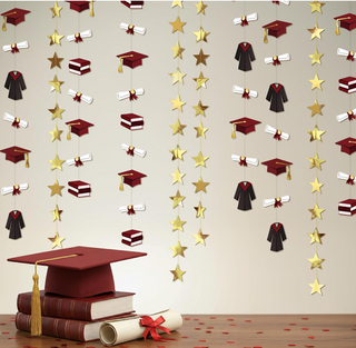 Graduation garland: burgundy caps and gowns, gold stars, diploma and book accents