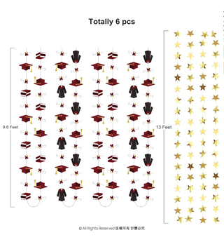 Graduation garland set (6 pcs) layout with caps, gowns, diplomas, and gold stars