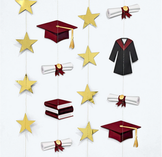 Graduation garland with burgundy graduation caps, gowns, gold stars, and diploma scrolls