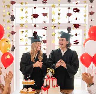 Graduation garland backdrop with burgundy caps and gowns, gold stars, and diploma scrolls