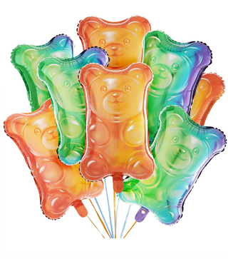 Rainbow bear-shaped foil balloons with curled ribbon tails