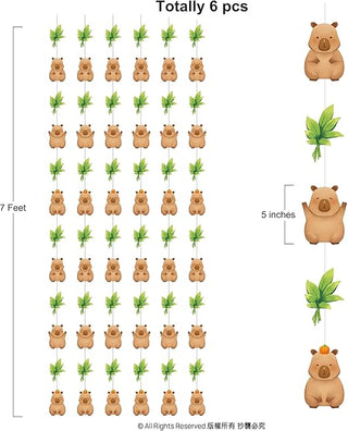Hanging capybara garland decorations set with 6 pieces, tan bears and green leaves