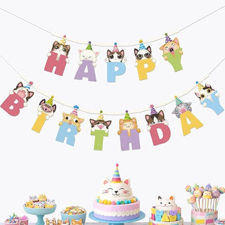Cat themed birthday banner with hanging letter flags spelling HAPPY BIRTHDAY