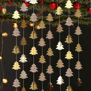 Champagne gold tree garland strands with glittery hanging pine tree cutouts