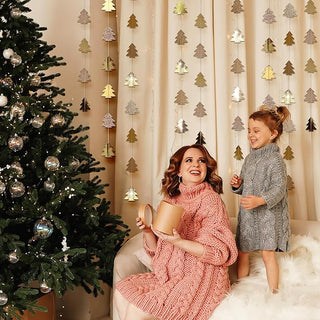 Hanging glitter tree garland with champagne gold and silver mini pine cutouts