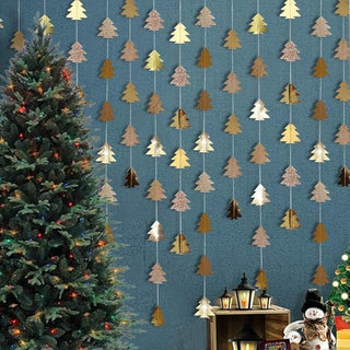 Hanging tree garland with glittered pine cutouts in gold and silver tones