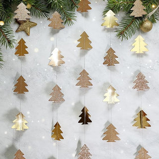 Tree garland with glitter pine tree cutouts in champagne gold and pale gold