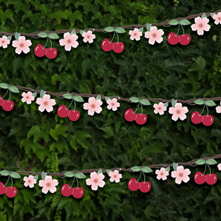 3-piece cherry and flower party banner with red cherries, pink blossoms, green leaves