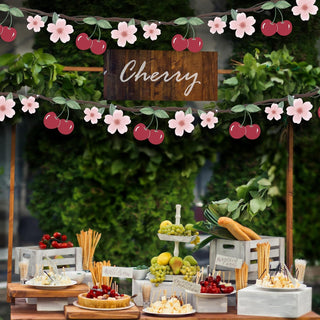3-piece cherry and blossom banner garland with red cherries and pink flowers on green vines