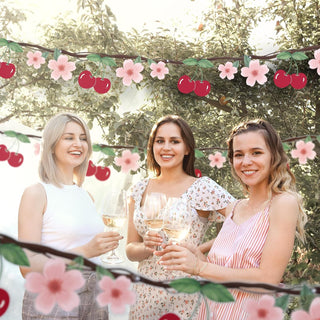 Cherry party banner garland with red cherries, pink blossoms, and green leafy trim draped