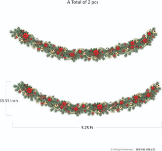 Curved Christmas garland with pine, red poinsettias, and gold baubles