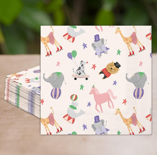 Circus animal print paper napkins, square stack with pastel giraffes, elephants, clowns