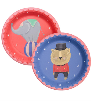 Carnival paper party plates set with lion and elephant designs, 2-pack view