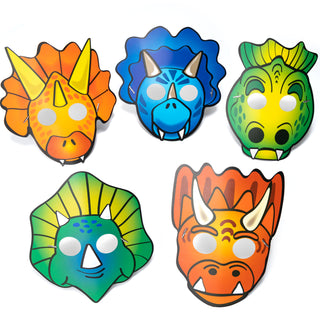 Paper dinosaur party masks with five colorful dinosaur face designs: orange, blue, and green.