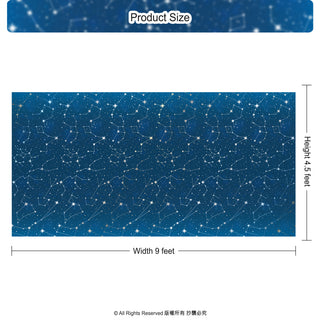 Blue constellation tablecloth layout showing width and height measurements