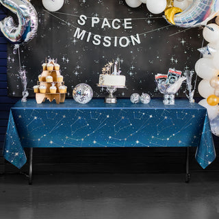 Blue constellation themed tablecloth with star and line pattern for party tables