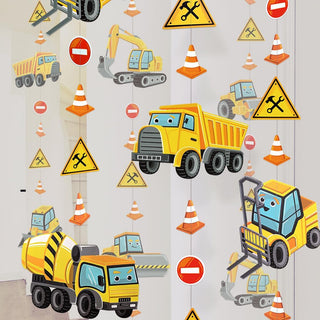Construction truck party garland set with yellow dump trucks, excavators, cones, and caution signs Image 1