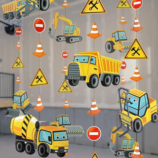 Construction truck garland decorations with yellow dump truck, excavator, orange cones, and caution signs
