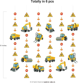 Construction truck garland pieces on a flat layout: yellow vehicles, cones, and caution symbols