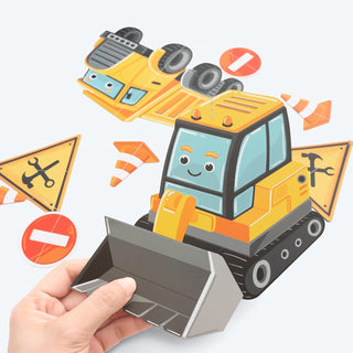 Construction truck decoration card: yellow loader with smiling face and orange cone details