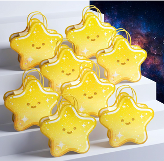 Star-shaped yellow gift bags with smiling face and golden ribbon handles, set of 8