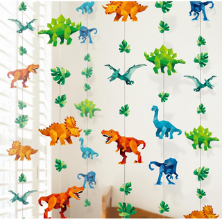 Dinosaur hanging garlands with multicolor T-Rex, blue/green/red dinos, and leaf cutouts, Jurassic party
