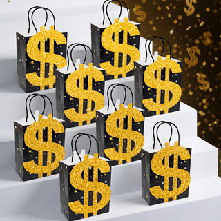 Set of black dollar-themed gift bags with glitter gold dollar sign cutouts and top handles.