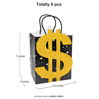 Single dollar-themed gift bag, black with glitter gold dollar sign and star pattern, handles on top.