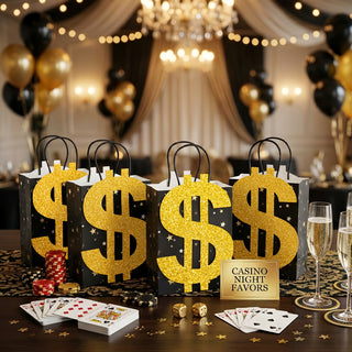 Dollar-themed gift bags, black with glitter gold dollar sign and star pattern, with handles.