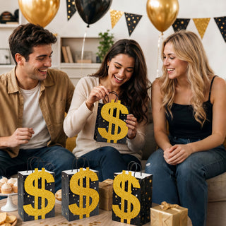 Black dollar-themed gift bag with glitter gold dollar sign and carry handles.