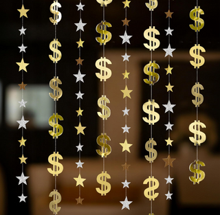 Dollar garland star hanging garland gold money silver star charms casino party vegas party retirement party decorations new year party decor graduation decor casino theme decorations