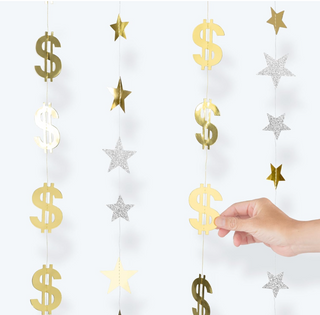 Dollar hanging garland money theme party decorations gold dollar star charms fake money decorations
casino decorations
office success party decorations