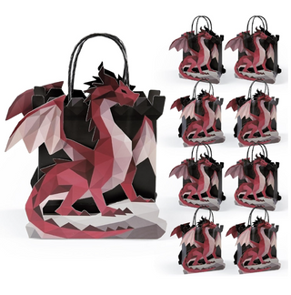 Set of 8 dragon-themed gift bags with black, red, and gray polygon print and handles