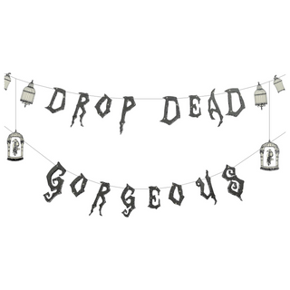 Halloween banner with black “DROP DEAD” and “GORGEOUS” text plus cage lantern ornaments
