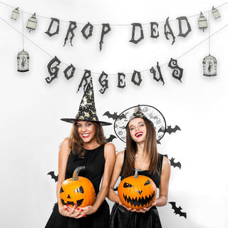 Halloween banner set with “DROP DEAD” and “GORGEOUS” black lettering and cage lantern icons