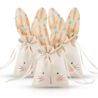 Cotton bunny drawstring bag set with carrot pattern, beige fabric and illustrated faces
