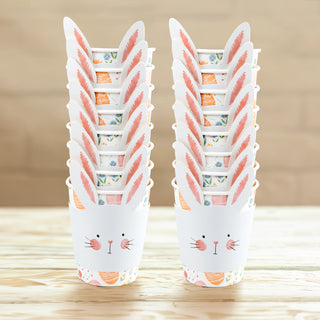 Easter bunny paper cup sleeves, with Easter cups in Easter eggs and flowers pattern, sleeves and cups stack together