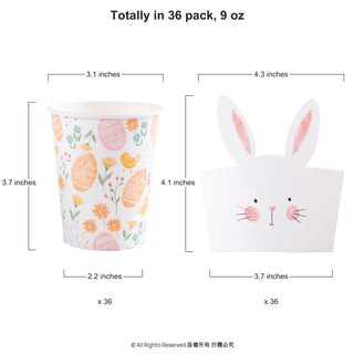 Easter cup sleeve set size chart showing white cups with pink rabbit ear cutouts
