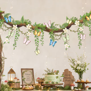 Floral butterfly wall banner garland with warm string lights, white blooms, and blue butterflies