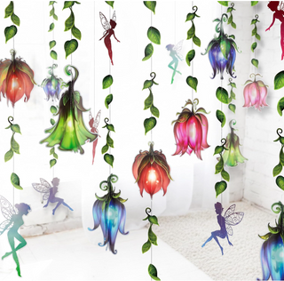 Enchanted fairy garland with colorful leaf vines and hanging lantern charms