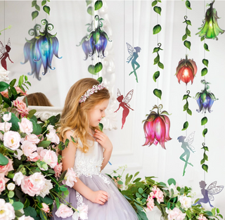 Enchanted fairy garland with leaf vines and glowing flower-lantern fairy ornaments