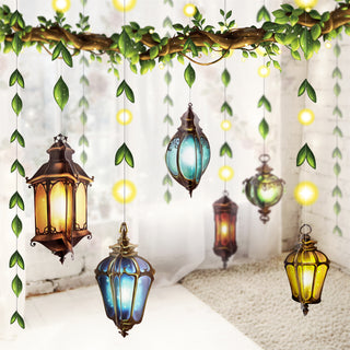 Hanging lantern garland set with blue and amber glass-look lanterns and leaf string lights
