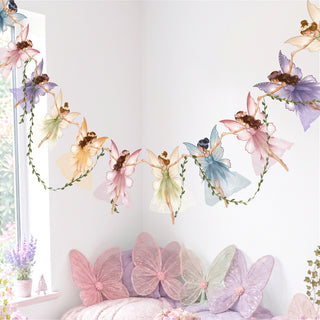 Pastel fairy and butterfly garland wall banner with leafy vine and hanging cutouts