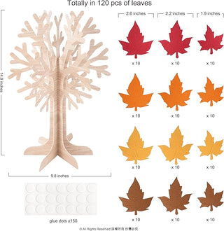 Printed sheet with tree centerpiece leaf cutouts and measurements in red and orange