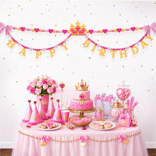 Happy Birthday banner with pink heart bead garland, golden crown topper, gold letter flags