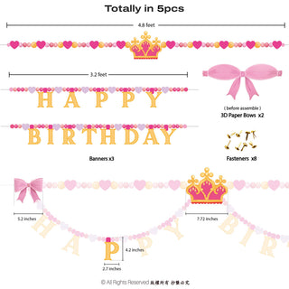 Happy Birthday banner set diagram with measurements, crown, heart garlands, and pink bow pieces
