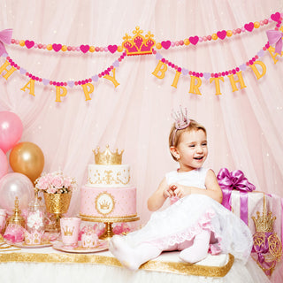 Happy Birthday banner with pink heart bead garland and golden crown, gold glitter letter flags