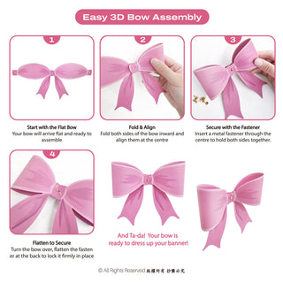 Easy 3D bow assembly guide for banner, pink ribbon bow step diagrams