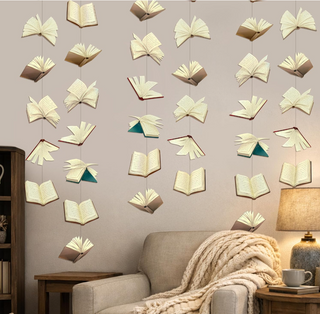 Floating open books garland, cream paper with colored cover accents