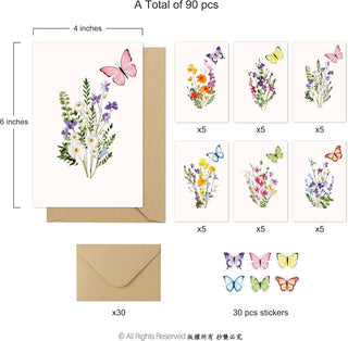 Floral butterfly card and kraft envelope set with size guide; sticker pack shown
